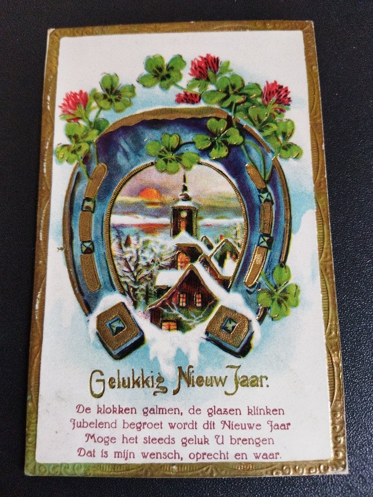 Vintage ansichtkaart Gelukkig Nieuw Jaar, Verzamelen, Ophalen of Verzenden, 1920 tot 1940, Gelopen, Feest(dag)