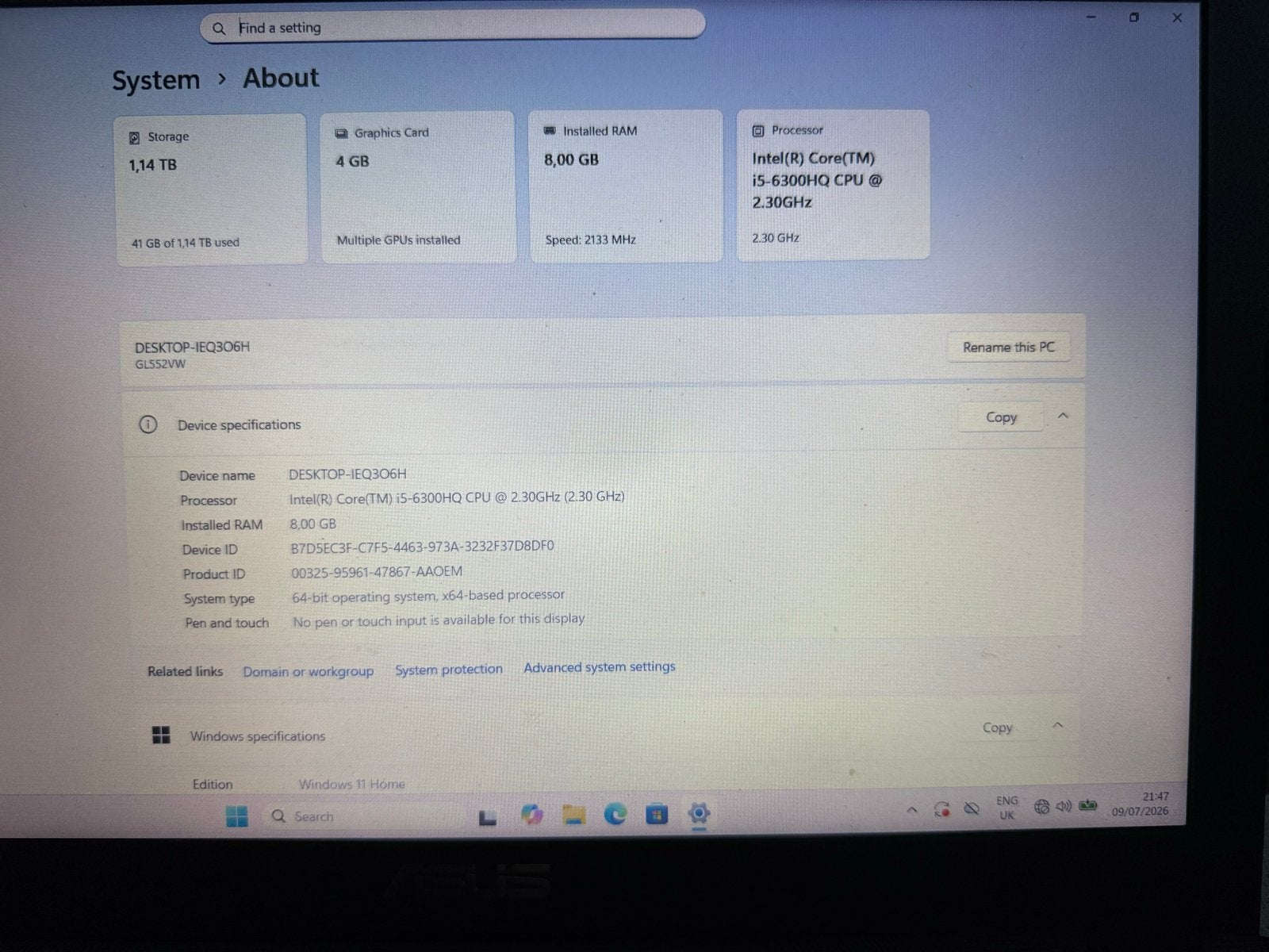 ASUS ROG Gaming Laptop - i5-6300HQ, 8GB RAM, 1.14TB Opslag, Ophalen, Gebruikt, Met videokaart, 2 tot 3 Ghz
