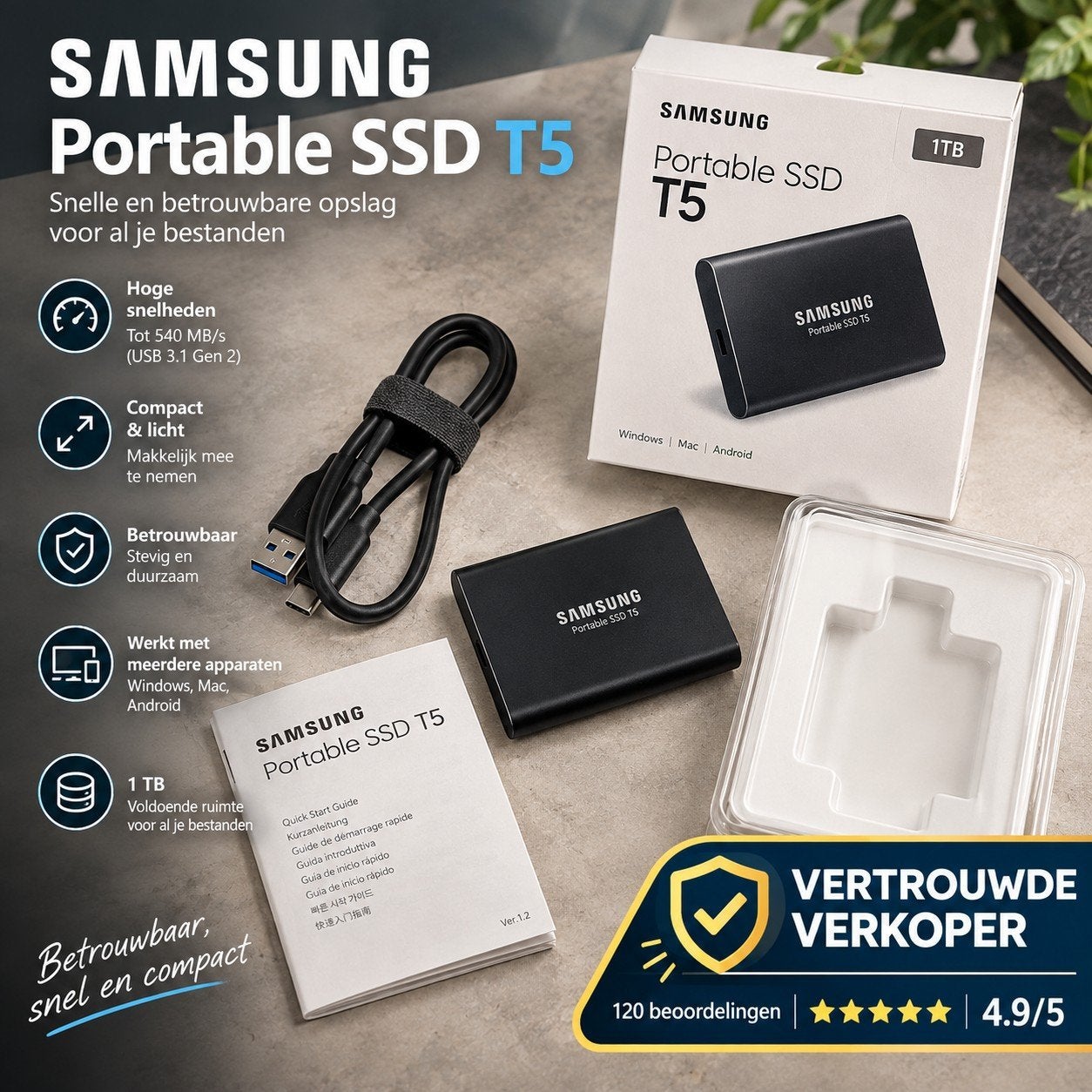 Samsung Portable SSD T5 1TB Externe SSD, Server, SSD, Ophalen of Verzenden, Zo goed als nieuw