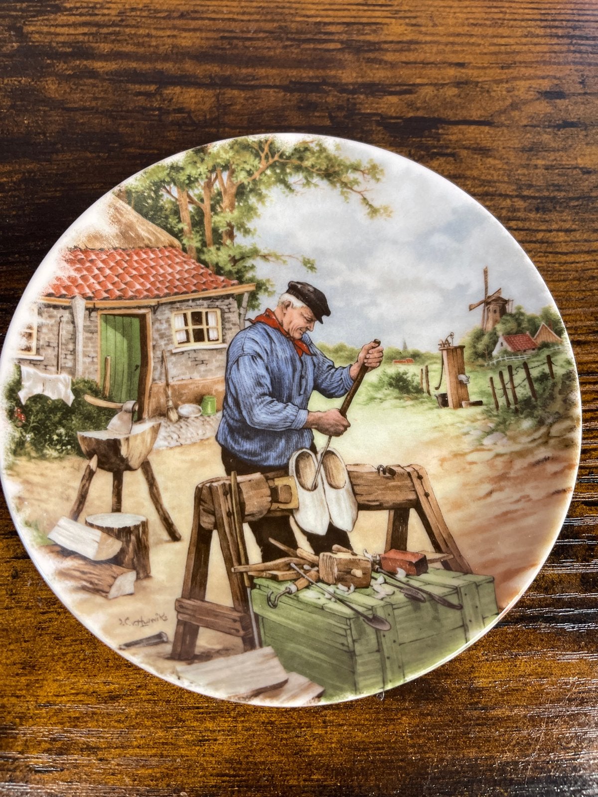 Decoratieve wandplaat: Klompenmaker in Hollands landschap, Ophalen of Verzenden