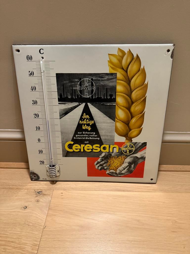 Emaille bord Bayer Ceresan thermometer, Ophalen of Verzenden, Zo goed als nieuw, Reclamebord
