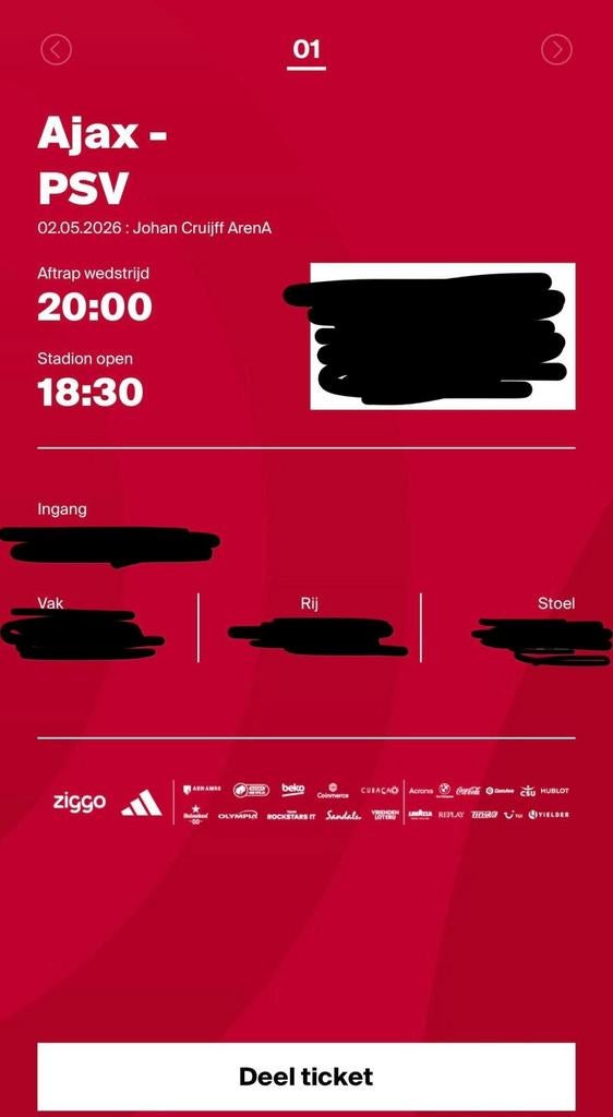 Kaartjes AJAX-PSV, Tickets en Kaartjes, Losse kaart, Eén persoon, Mei, Nederlands elftal