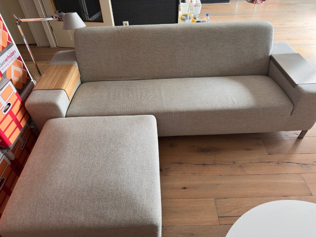 Te koop: Gelderland bank (3-zits) + poef — zand/beige, Ophalen, Gebruikt, 125 cm of meer, 125 cm of meer
