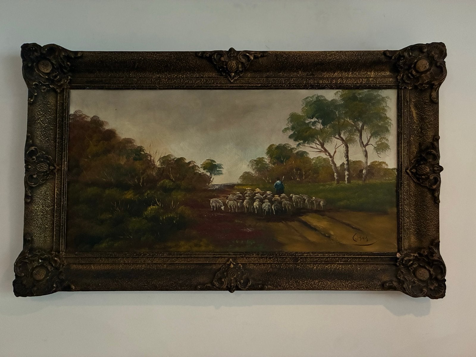 Olieverfschilderij: Herder met schapen, Ophalen