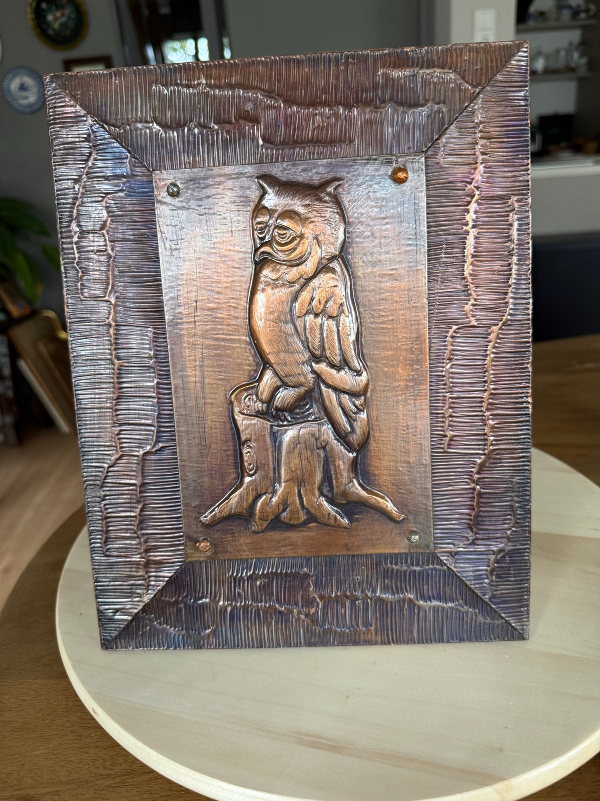 Koperen wanddecoratie uil op boomstronk, Antiek en Kunst, Antiek | Koper en Brons, Ophalen of Verzenden, Koper