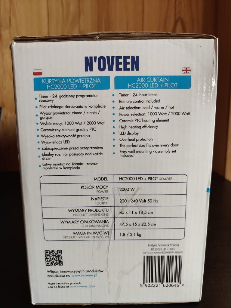 N'oveen HC2000 Luchtgordijn 2000W NIEUW, Doe-het-zelf en Verbouw, 30 tot 80 cm, Minder dan 60 cm, Ophalen of Verzenden, 800 watt of meer