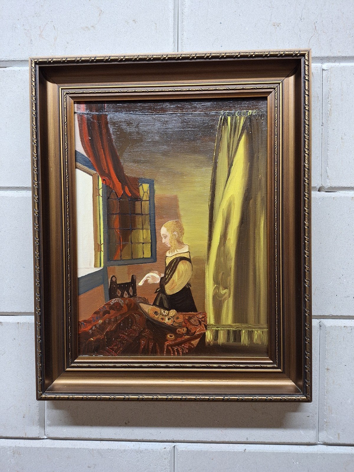 Olieverfschilderij: Vrouw bij raam, in stijl van Vermeer, Antiek en Kunst, Ophalen of Verzenden