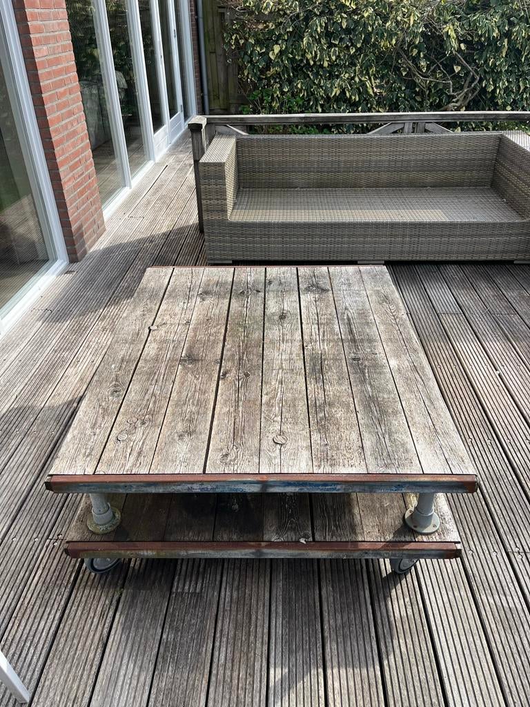 Industriële grote houten buitentafel loungehoek, Ophalen, Gebruikt, Rechthoekig, Hout