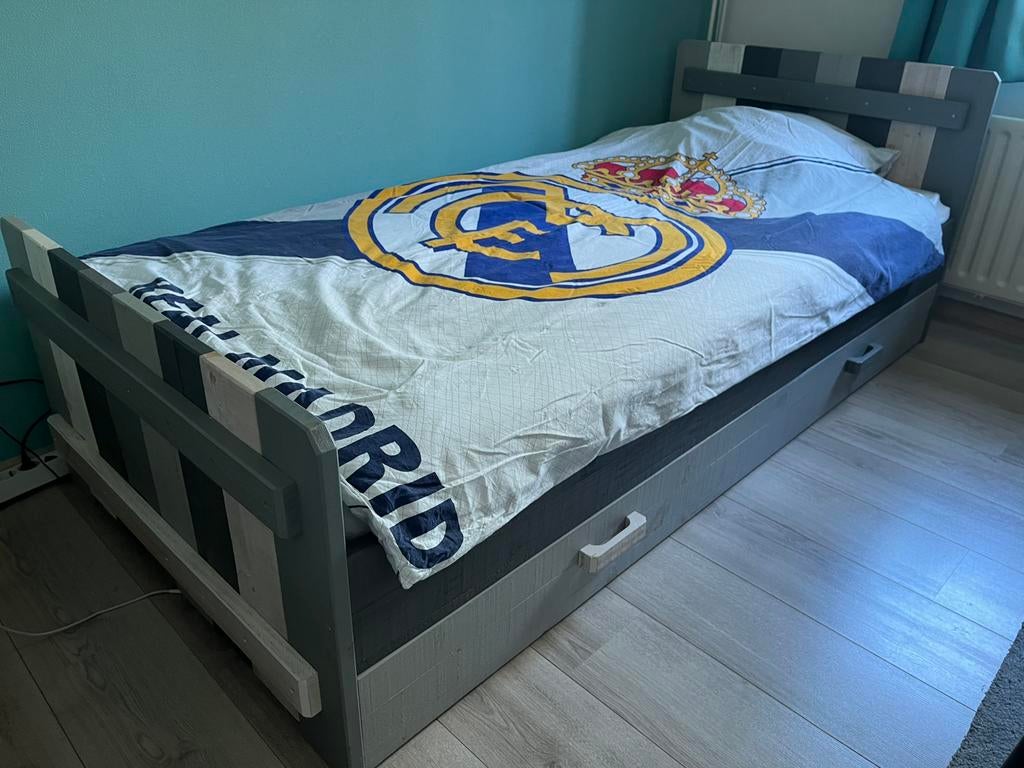 Stevig Woood bed met lade en lattenbodem, 85 tot 100 cm, Zo goed als nieuw, 180 cm of meer, Ophalen