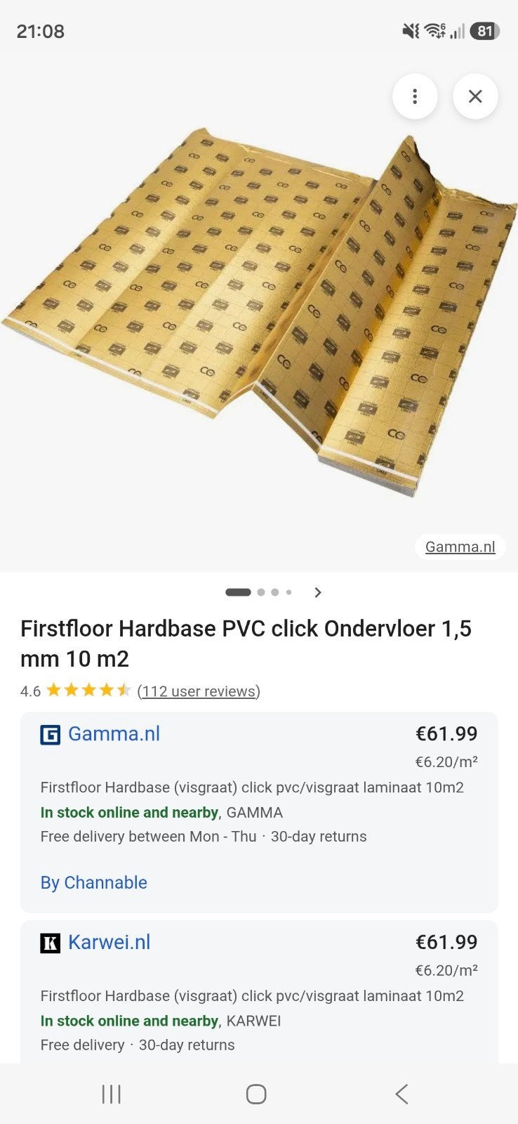Firstfloor Hardbase PVC click Ondervloer 1,5 mm 10 m², Ophalen, Overige materialen, 30 cm of meer, 50 tot 150 cm