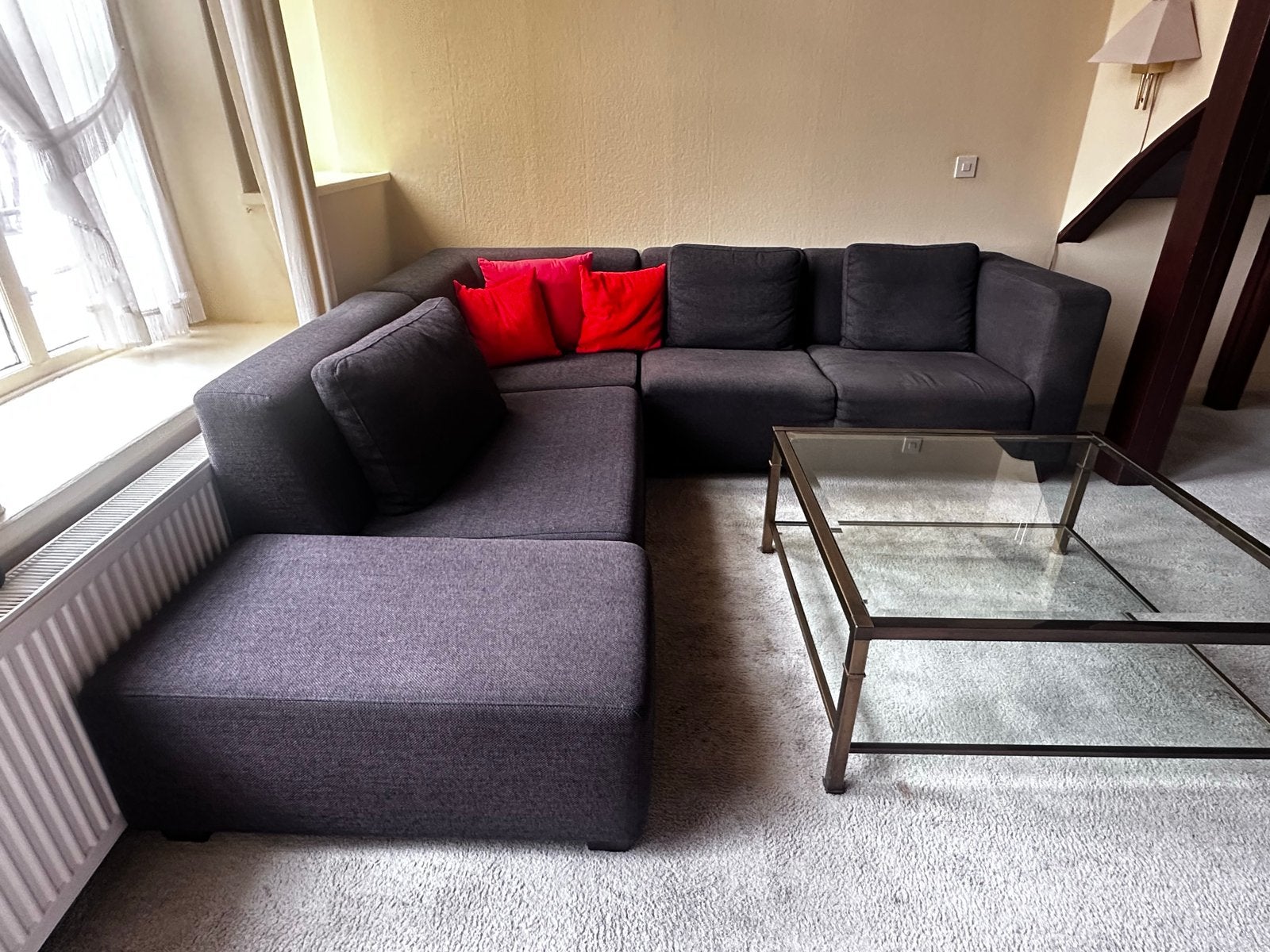 Hoekbank met (optioneel) glazen salontafel, Ophalen, 250 tot 300 cm, Gebruikt, 100 tot 125 cm