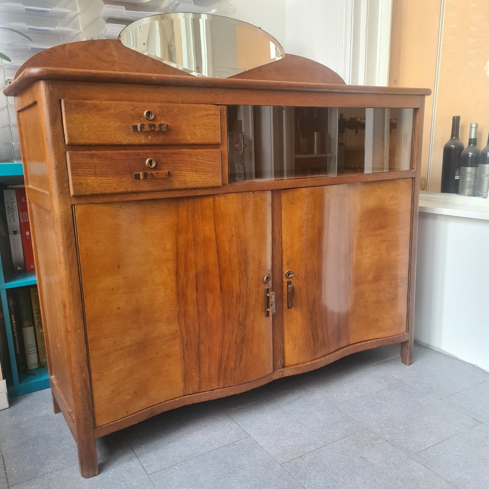 Vintage Dressoir / Vitrinekast, Ophalen, Gebruikt, 100 tot 150 cm, Eikenhout
