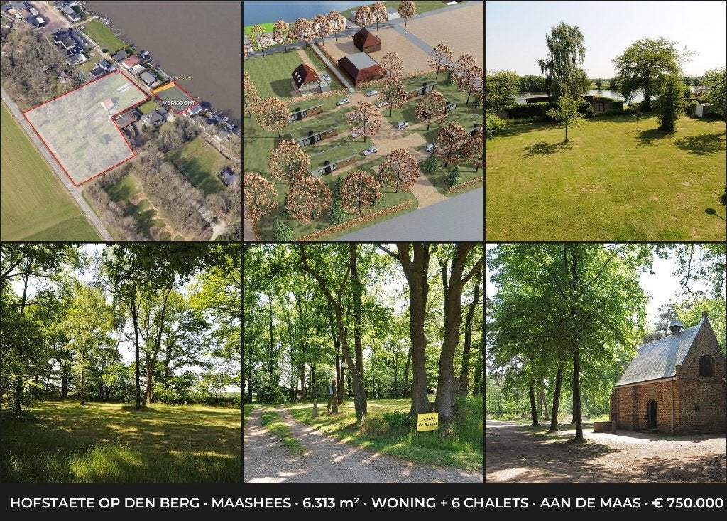 6.313 m2 aan de Maas, eigen toegang water, huis + 6 chalets, Verkoop zonder makelaar, 1500 m² of meer