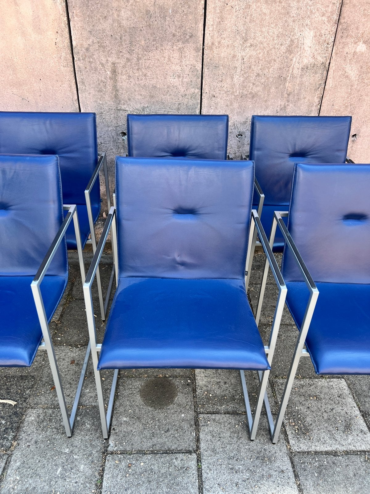 8 stuks Arco Frame eetkamer stoelen / blauw leer / design, Huis en Inrichting, Stoelen, Gebruikt, Blauw, Onbekend, Leer