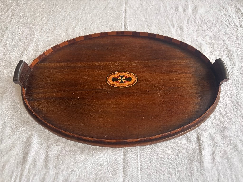 Antiek houten dienblad met inlegwerk en opstaande rand., Ophalen of Verzenden