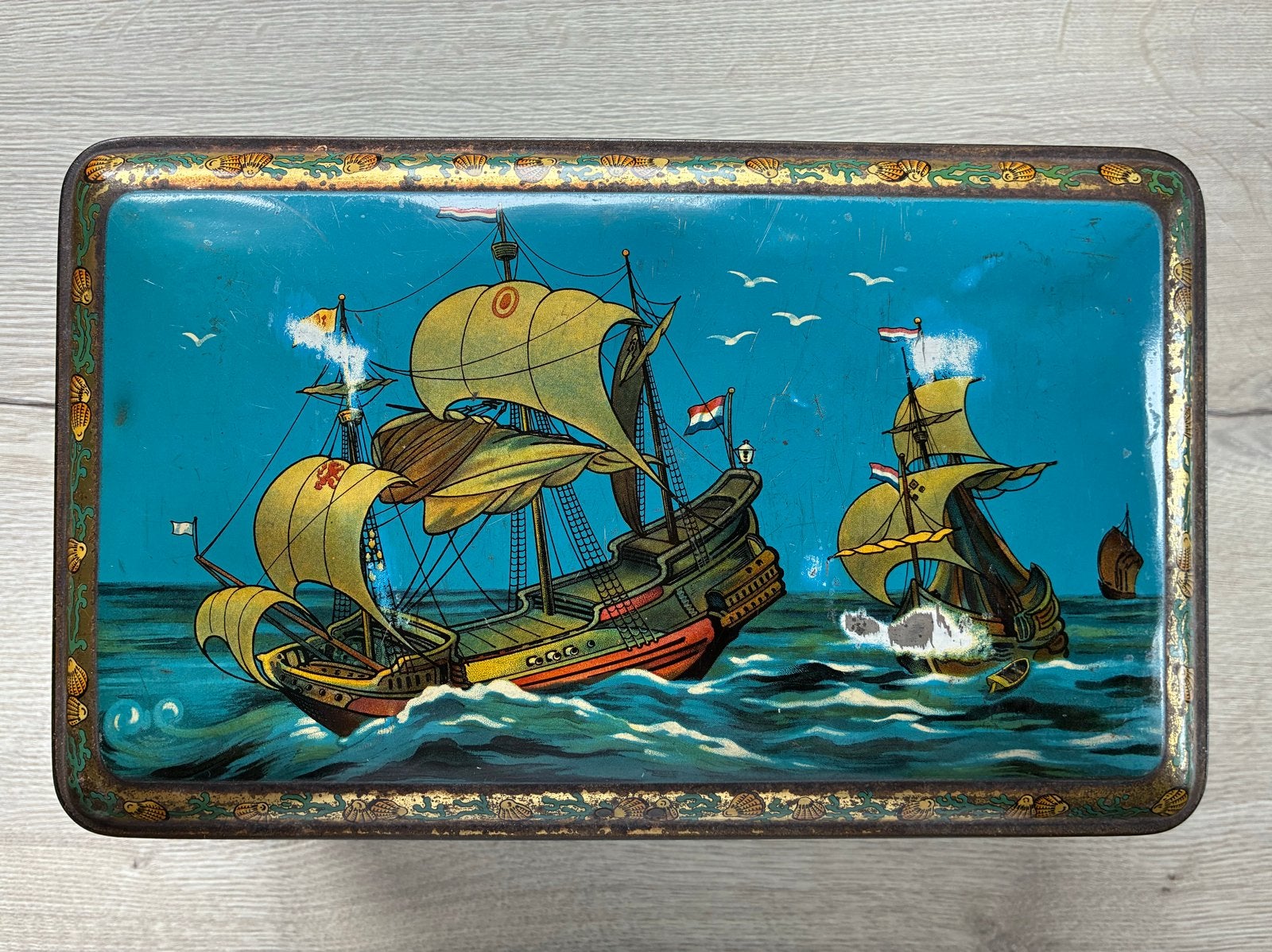 Vintage blikken sigarendoos met schepen decoratie, Verzamelen, Ophalen of Verzenden