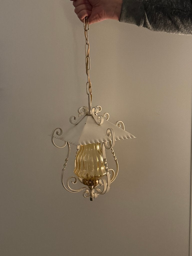 brocante/vintage ijzeren hanglamp, Huis en Inrichting, Gebruikt, Glas, Broacante/vintage, E27 (groot)