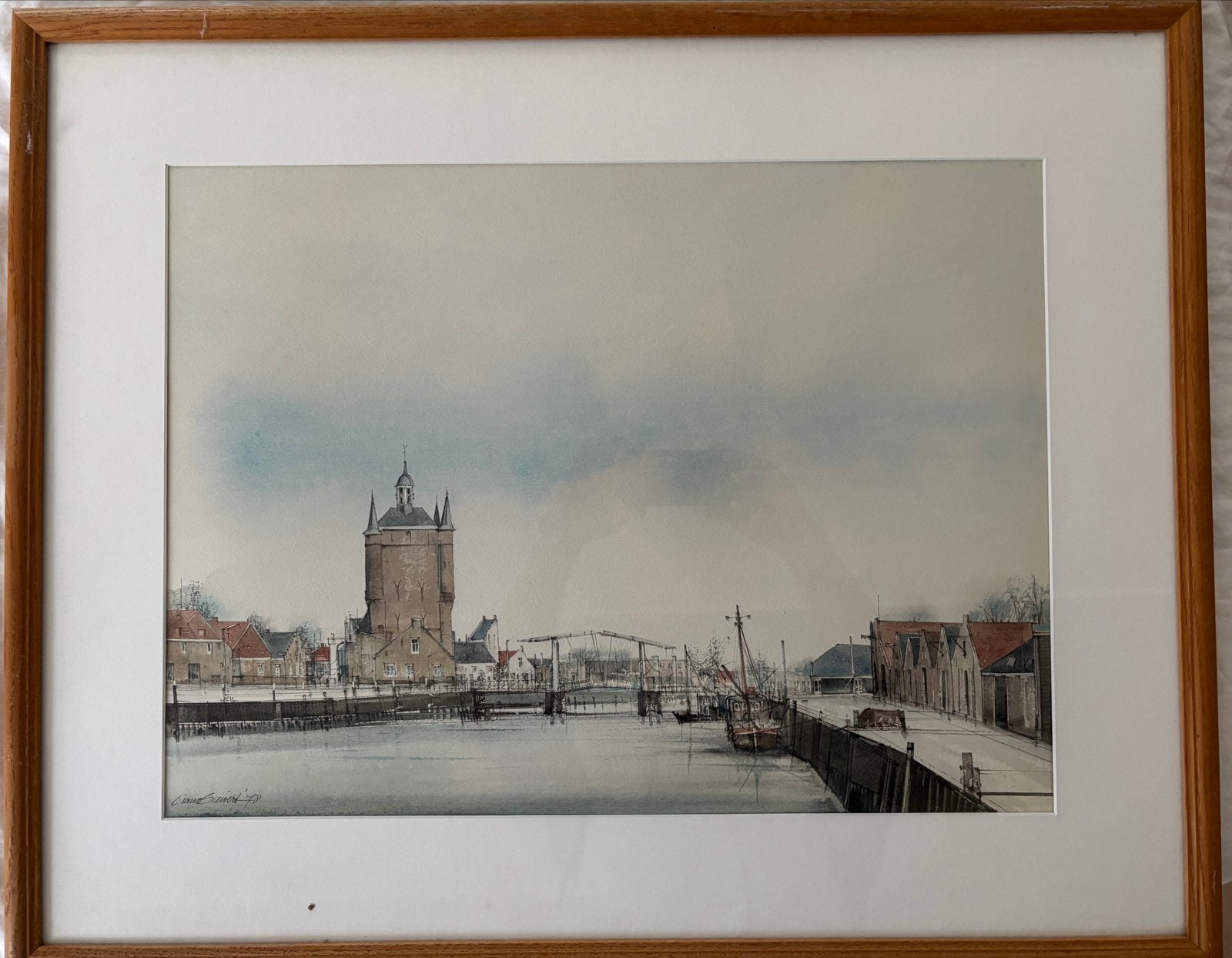 Aquarel Ciano Siewert 1978 - Gezicht op Zierikzee, Ophalen of Verzenden, Tekening, Aquarel, Gesigneerd