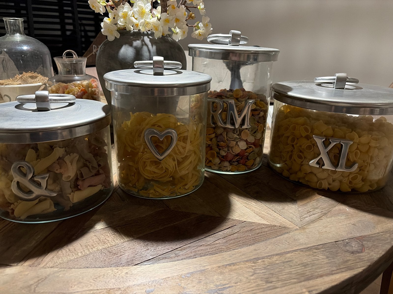 4 Rivièra Maison voorraadpotten met zilveren deksel, Ophalen, Zilver, Voorraadpot, Riviera Maison