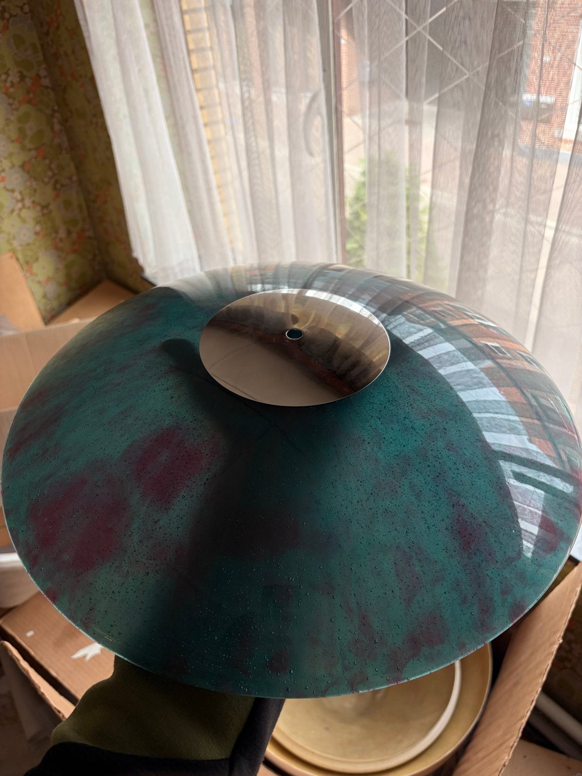 Grote zware glazen lampenkap – turquoise/paars bubbelglas, Ophalen of Verzenden, Nieuw