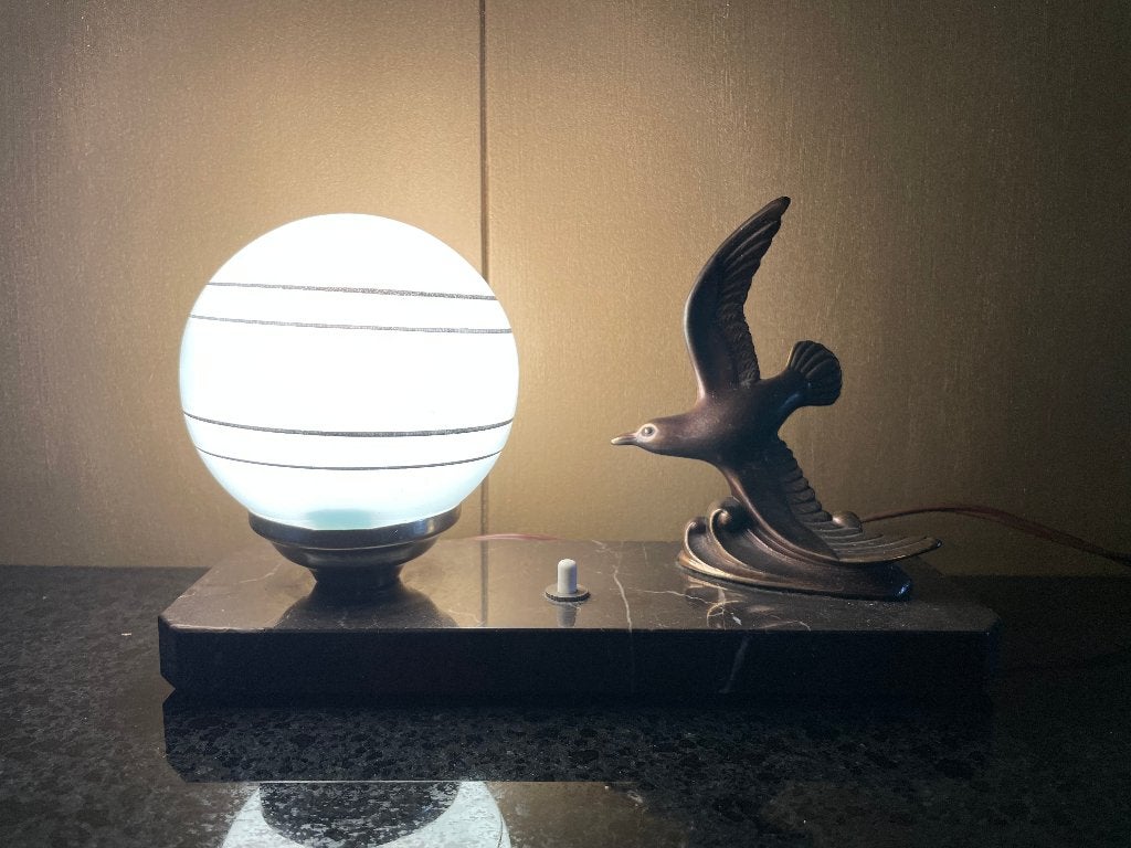 art-deco antieke tafellamp met vogel, Figuurlamp, B22 (Bajonetsluiting), Art deco, Glas