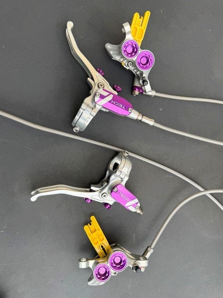 Hope Tech 4 V4 remmenset staalflex zilver paars, Fietsen en Brommers, Frame, Elektrische fiets, Ophalen of Verzenden, Zo goed als nieuw