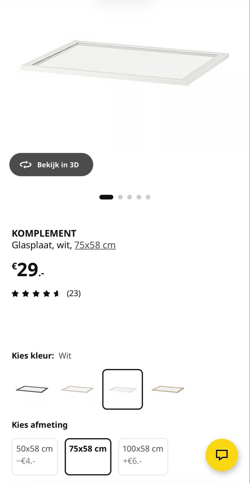 IKEA KOMPLEMENT Glasplaat pax kast wit 75x58 cm, Ophalen, Nieuw