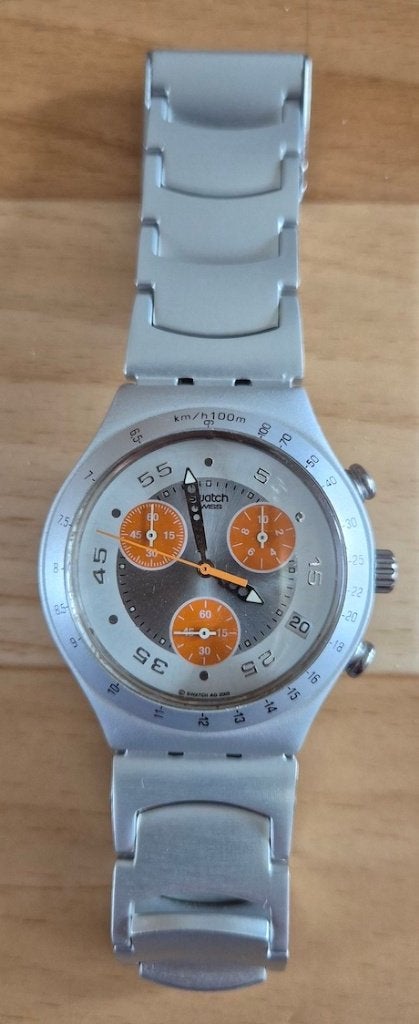 Swatch Irony Chrono Nikitis YCS4032AG horloge., Sieraden, Tassen en Uiterlijk, Overige merken, Staal, Met bandje, Polshorloge