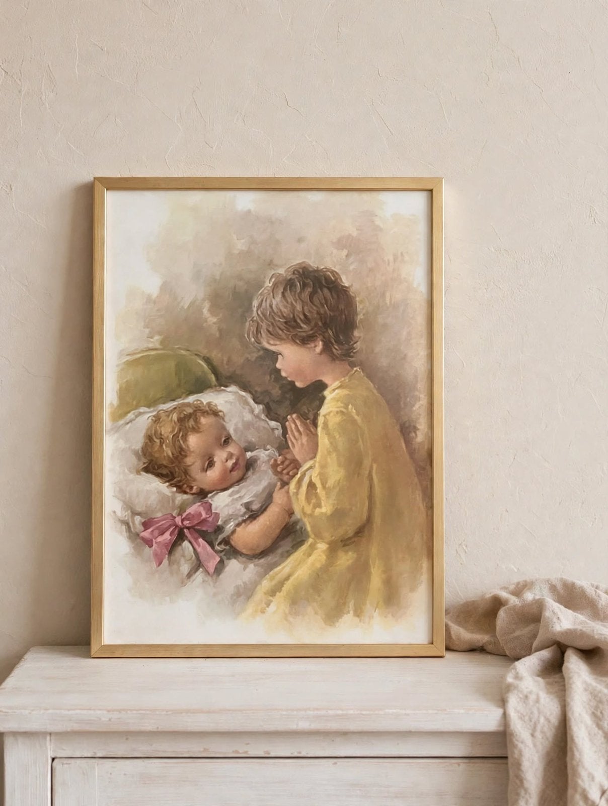 Vintage Beschermengel Prent B. Pilarez Baby met Engel Retro, Ophalen of Verzenden, Gebruikt, Minder dan 50 cm, Schilderij