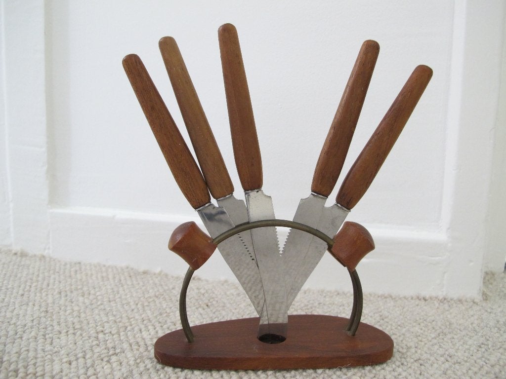Vintage Solingen messenset met standaard Rostfrei 5 stuks, Gebruikt, Los bestek, Ophalen of Verzenden, Rvs of Chroom