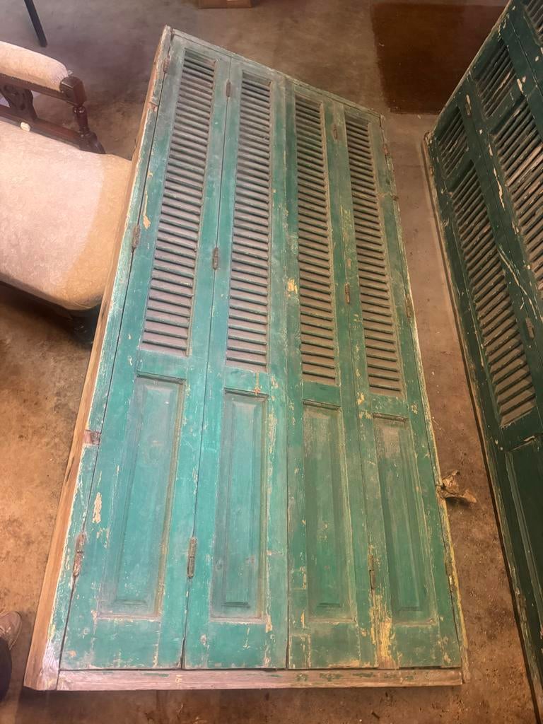 Groene oude Franse louvre deuren, Doe-het-zelf en Verbouw, Deuren en Horren, Gebruikt, Binnendeur, 215 cm of meer, 100 tot 120 cm