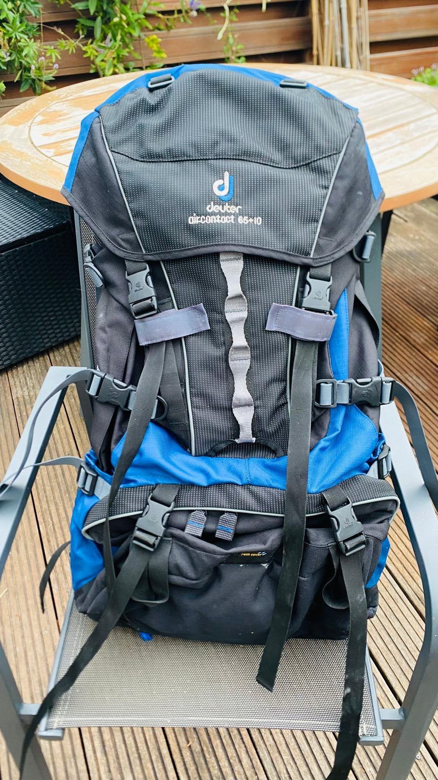 Deuter Aircontact 65 + 10 rugzak zwart/blauw, Ophalen of Verzenden, Zo goed als nieuw, Rugzak