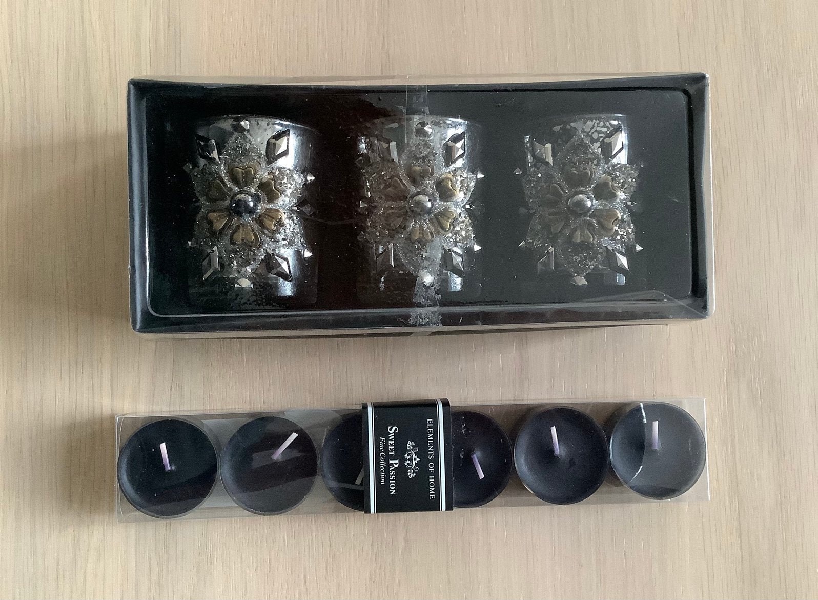 3 waxinelichthouders met 6 donkere waxinelichtjes, Huis en Inrichting, Woonaccessoires | Kandelaars en Kaarsen, Ophalen of Verzenden