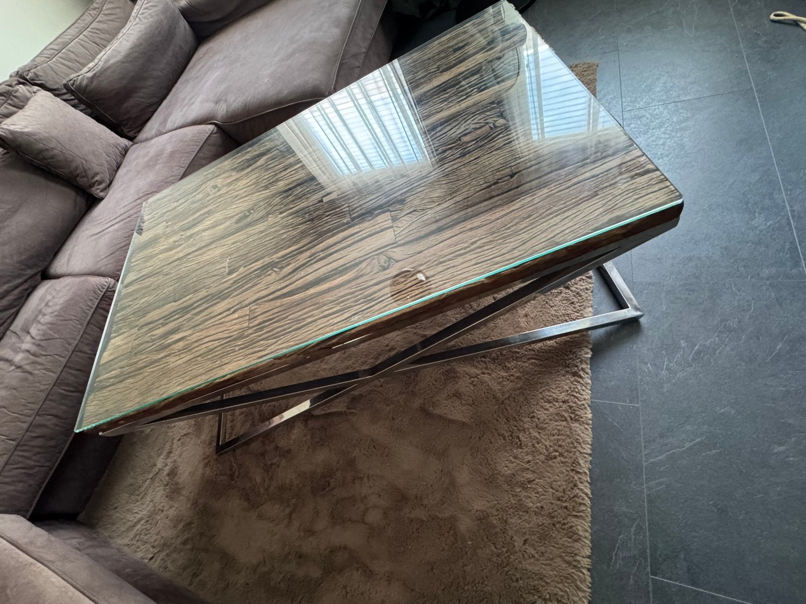 Luxe salontafel hout met glazen blad en RVSmetalen onderstel, Ophalen, Gebruikt, 100 tot 150 cm, 50 tot 100 cm