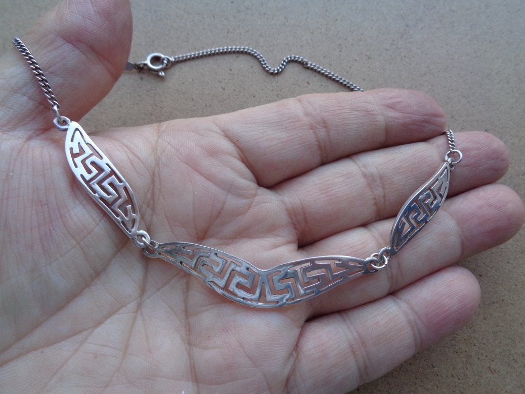 zilveren ketting met Griekse meander schakels [005], Met hanger, Verzenden, Zo goed als nieuw, Zilver