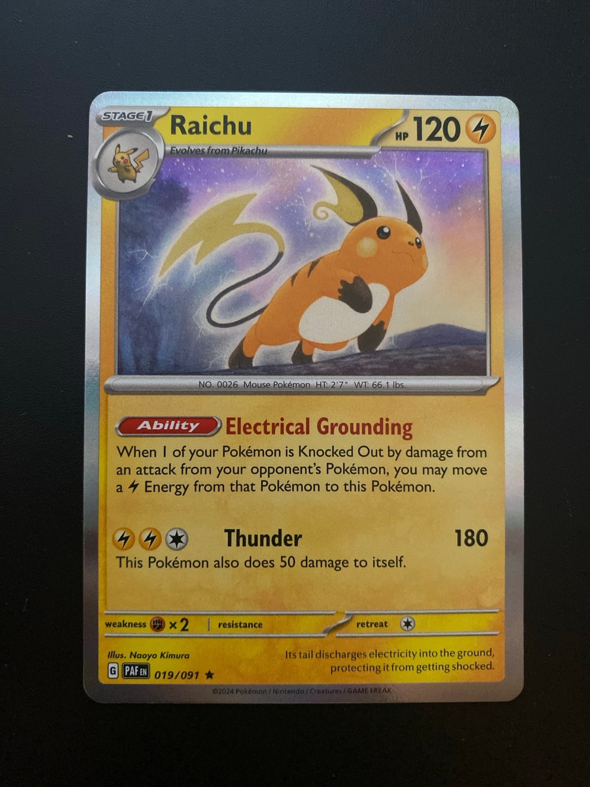 Raichu 019/091 Rare Holo Paldean Fates, Ophalen of Verzenden, Zo goed als nieuw, Losse kaart, Foil