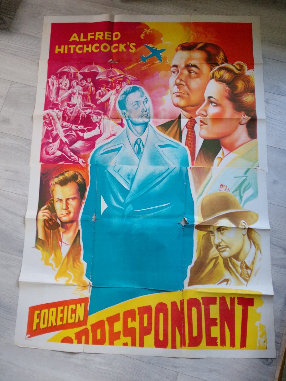 Vintage Alfred Hitchcock Foreign Correspondent Filmposter, Deurposter of groter, Ophalen of Verzenden, Film en Tv, Rechthoekig Staand