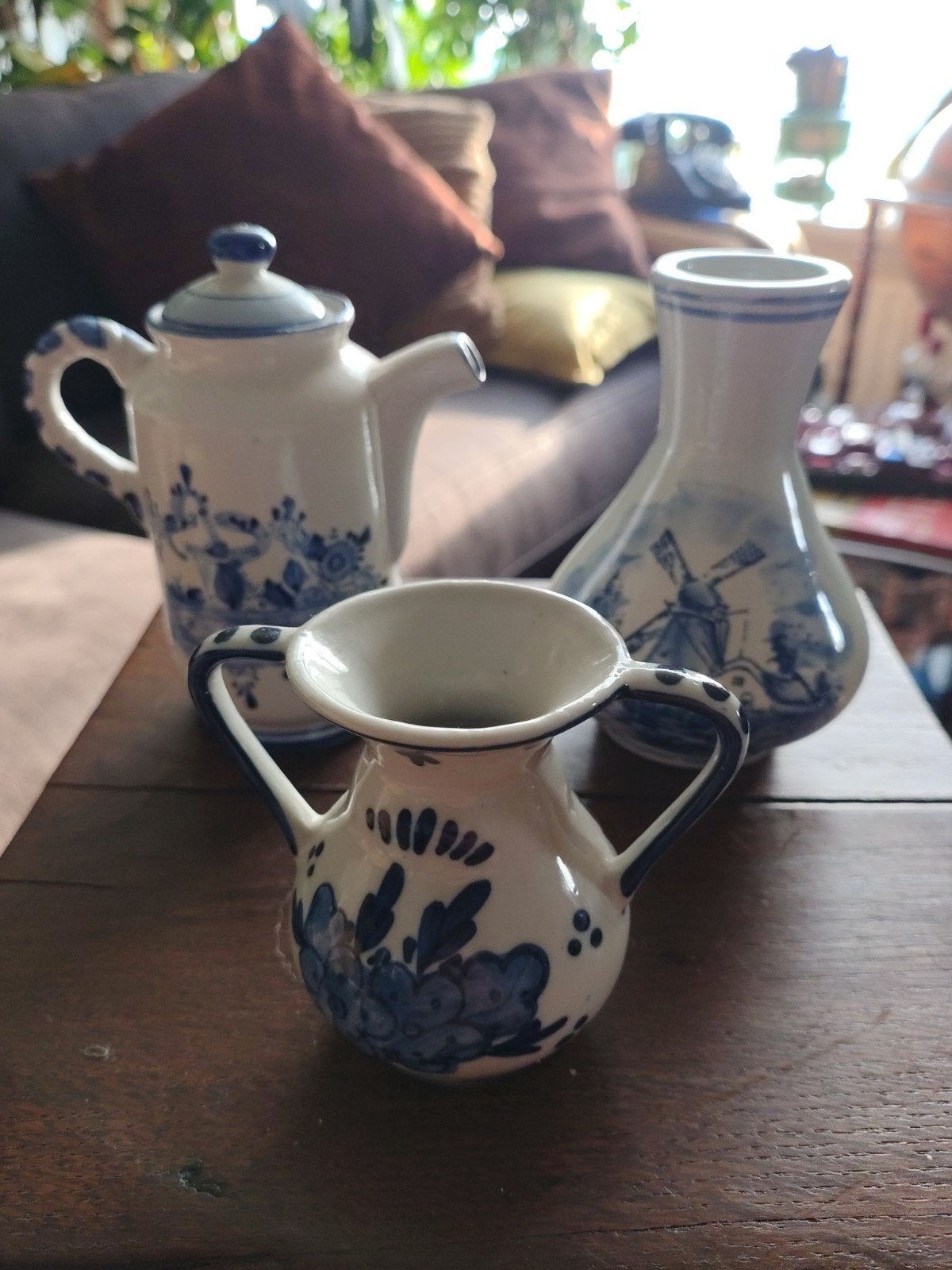 Gaaf setje Delfts Blauw: theepotje, vaas en kruikje, Ophalen of Verzenden