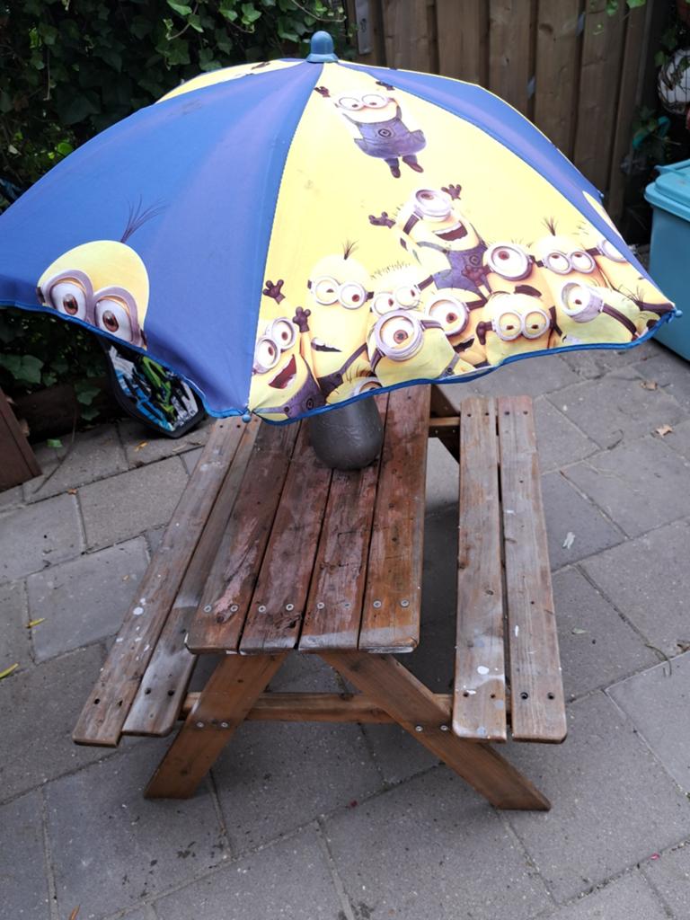 Houten kinderpicknicktafel met parasol, Kinderpicknicktafel, Gebruikt, Ophalen of Verzenden, Rechthoekig