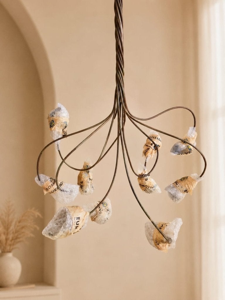 Bijzondere vintage koperen hanglamp met 10 glazen kapjes, Ophalen, Gebruikt, Inclusief lichtbron, Vintage