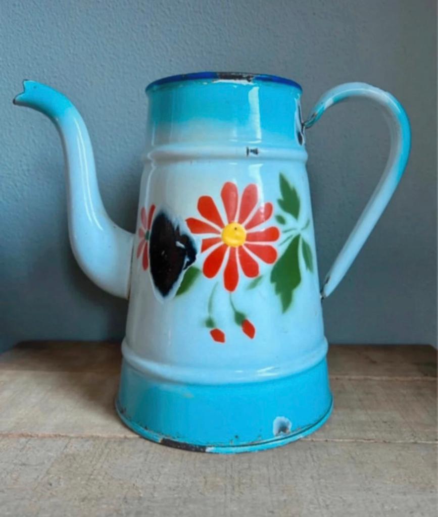 Frans emaille kan met bloem, Antiek en Kunst, Antiek | Emaille, Ophalen of Verzenden