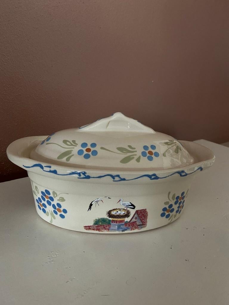 Handbeschilderde Elzasser terrine – Ooievaar decor (Alsace), Antiek en Kunst, Antiek | Keramiek en Aardewerk, Ophalen of Verzenden