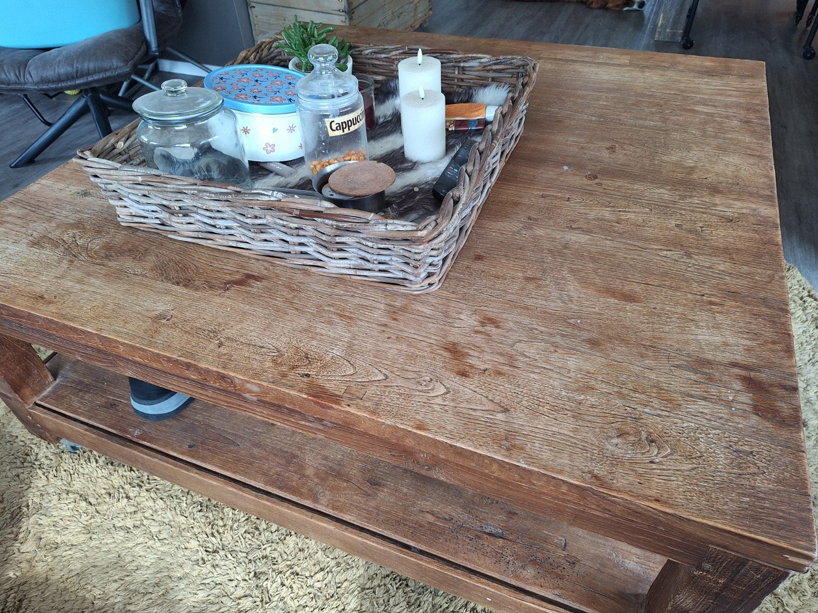 Grote Teakhouten Salontafel op Wielen - 120x119x52 cm, Huis en Inrichting, Tafels | Salontafels, Ophalen, 50 – 75, Gebruikt, Teakhout