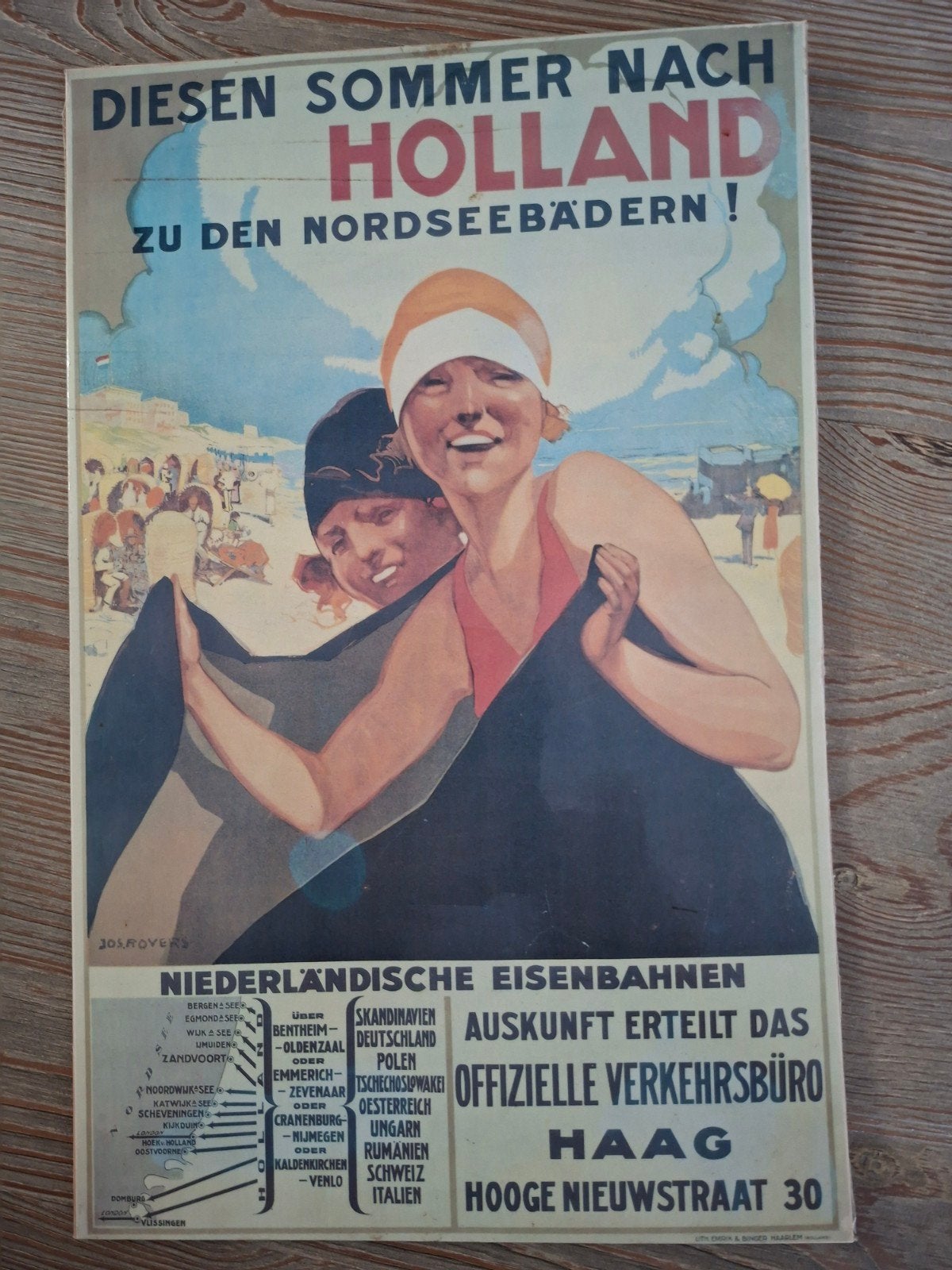 Oude litho 'Diesen Sommer nach Holland' op triplexplaat, Ophalen of Verzenden