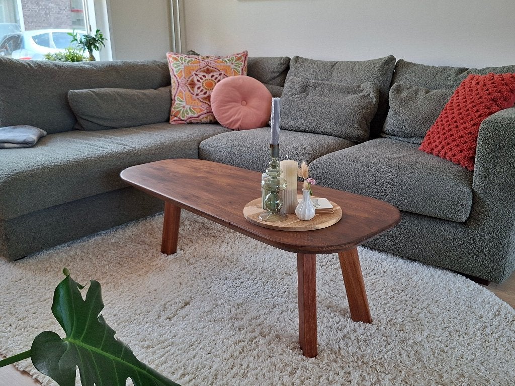 Handgemaakte organische salontafel – warm wengé – uniek, Ophalen, Organisch, Mid-century, japandi, 100 tot 150 cm, Nieuw