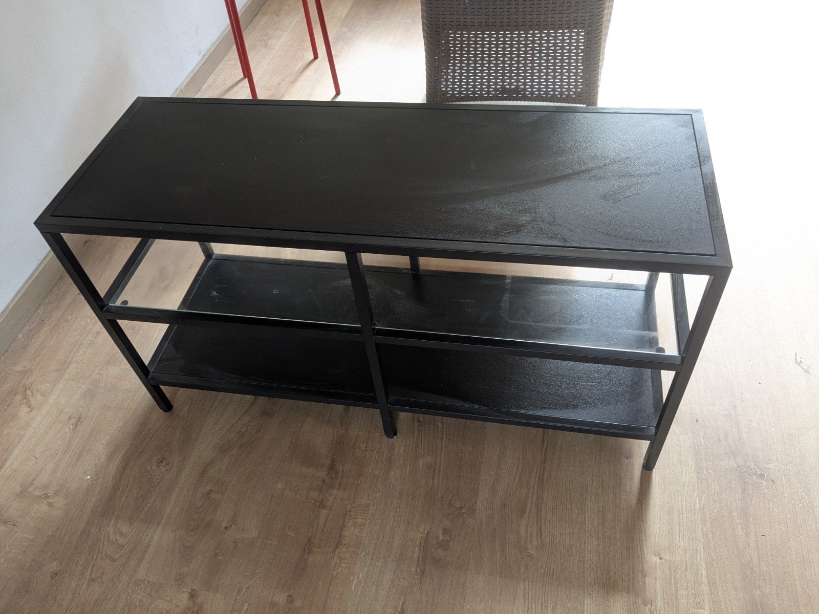 Gratis TV meubel - Zwart metaal en glas, Ophalen, Gebruikt, 100 tot 150 cm, Glas