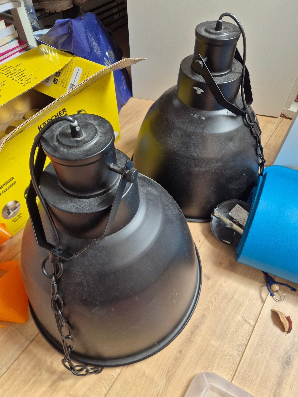 2 identieke zwarte IKEA hanglampen, Gebruikt, Metaal, Industrieel, E27 (groot)
