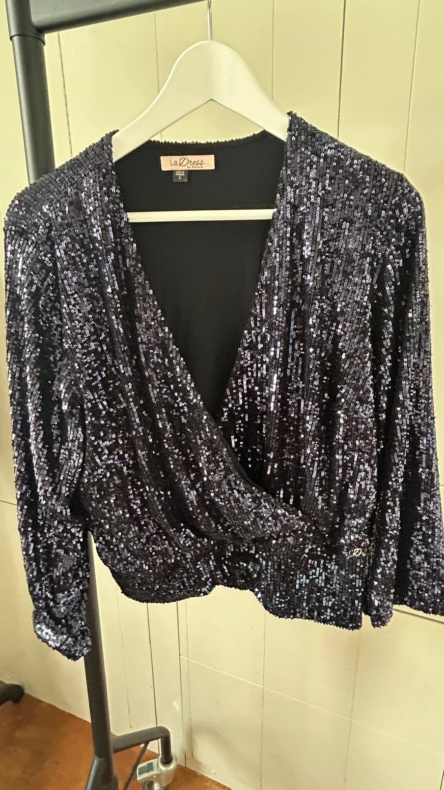 Donkerblauwe glittertop ladress maat L, Maat 38/40 (M), Blauw, Ophalen of Verzenden, Zo goed als nieuw