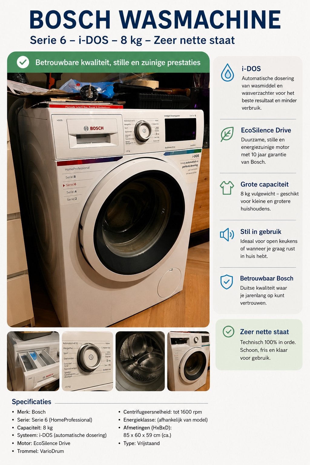 Bosch Serie 6 i-DOS Wasmachine 8kg - Zeer nette staat, Ophalen, Gebruikt, 8 tot 10 kg, 1600 toeren of meer