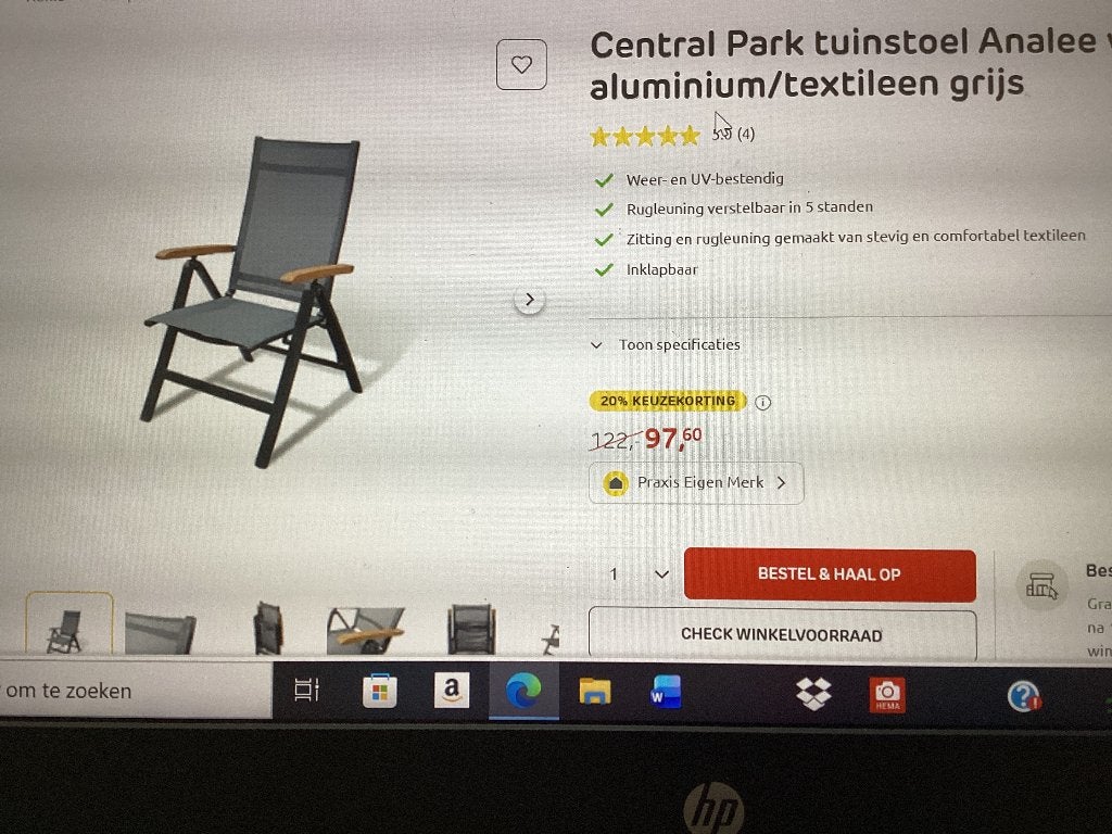 2 Central Park Analee tuinstoelen, Ophalen, Zo goed als nieuw, Textileen, Verstelbaar